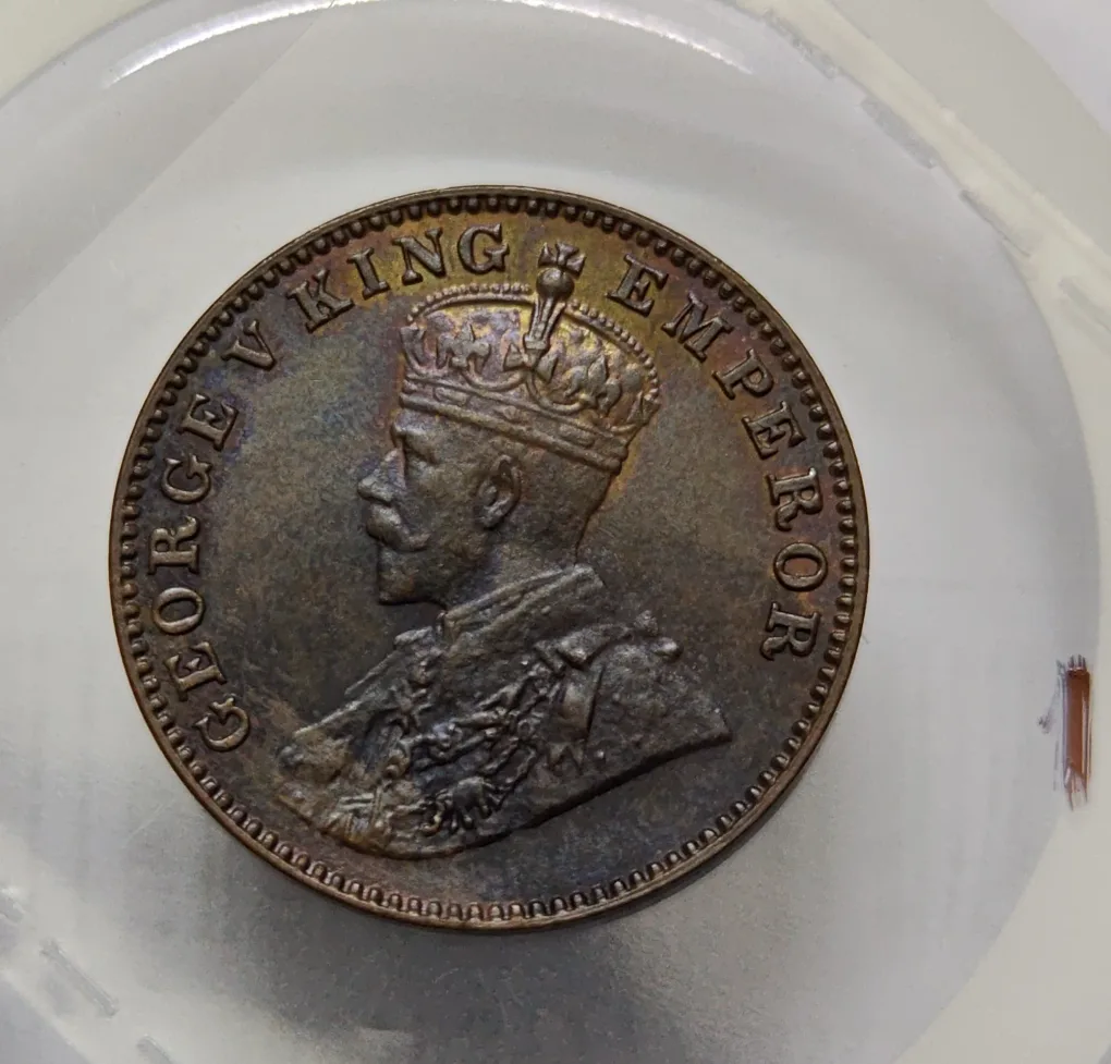 British India George V One Quarter Anna 1927 Kolkata Copper Coin UNC