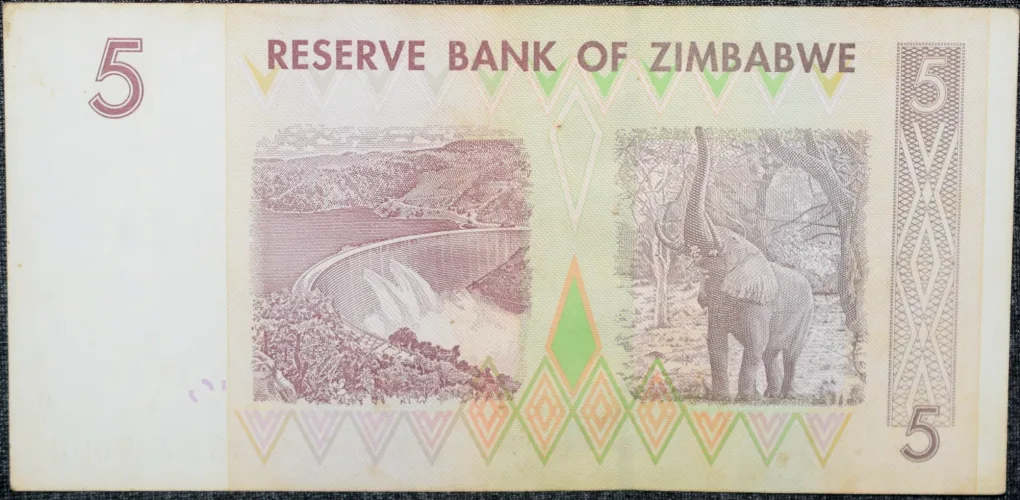 5 Dollars of Zimbabwe (AD 2007) with Chiremba Balancing Rocks/Kariba Dam on Zambezi River, and Trumpeting African Elephant
