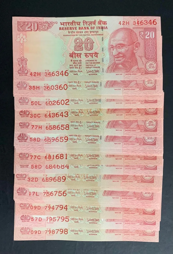Rare Twenty Ruppes Old Semi Fancy Doubling Number Notes 50 Pcs Given Gem Unc Condition Reserve Bank of India