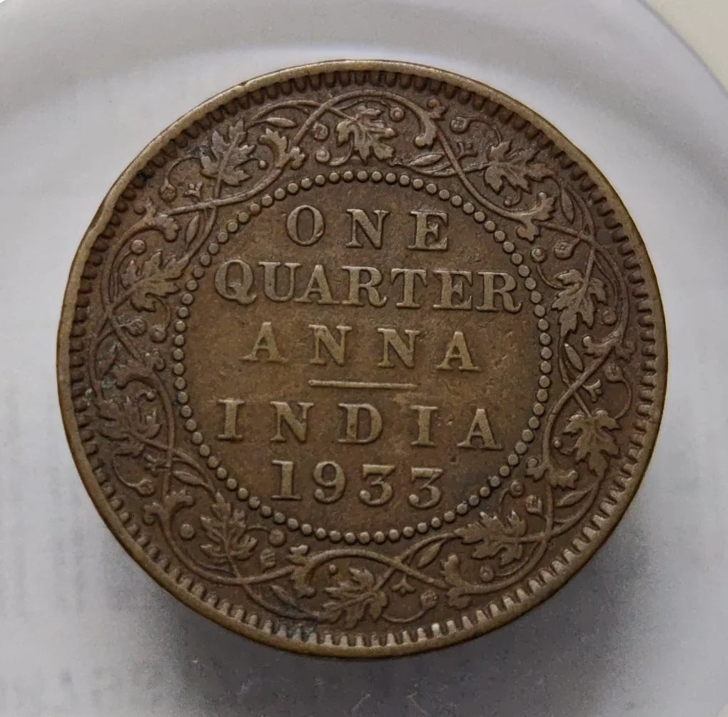 British India George V One Quarter Anna 1933 Kolkata Copper Coin