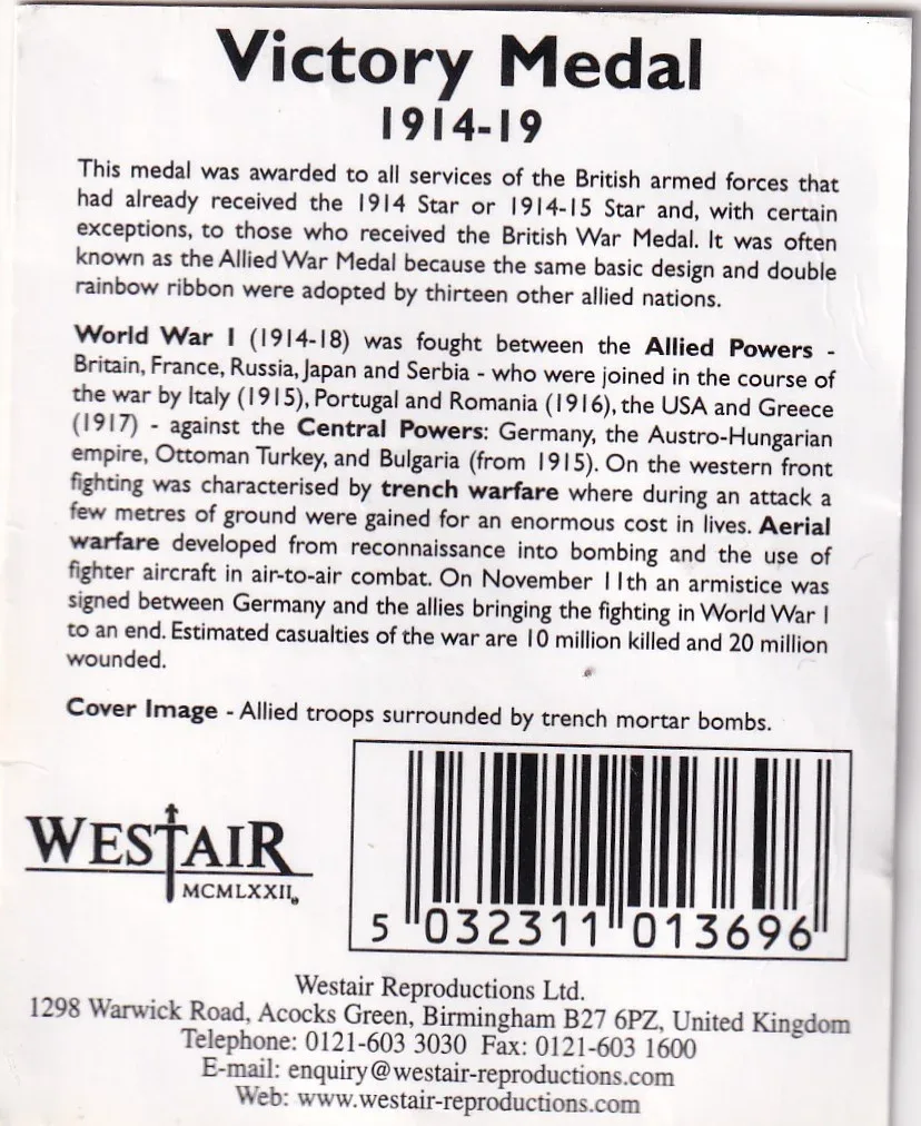 British Miniature Reproduction VICTORY MEDAL 1914-1919 World War I WWI Rare Small Size Medal