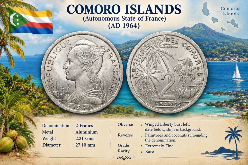 Aluminium 2 Francs of Comoro Islands (AD 1964) with Winged Liberty/Palmtrees and coconuts
