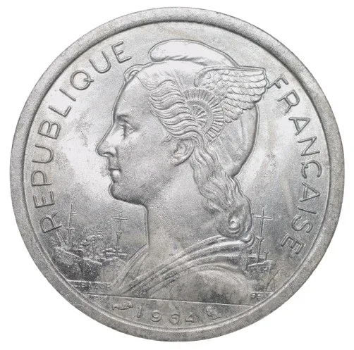 Aluminium 2 Francs of Comoro Islands (AD 1964) with Winged Liberty/Palmtrees and coconuts