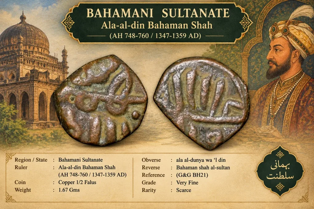 Copper 1/2 Falus of Bahaman Shah(AD1347-59) of Bahamani Sultanate BH21 Scarce