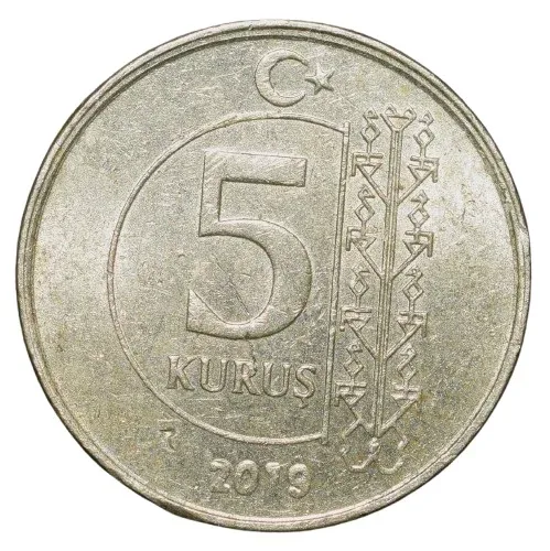 Nickel-Brass 5 Kurus of Turkey (AD 2019) with Portrait of Mustafa Kemal Atatürk/Tree of Life