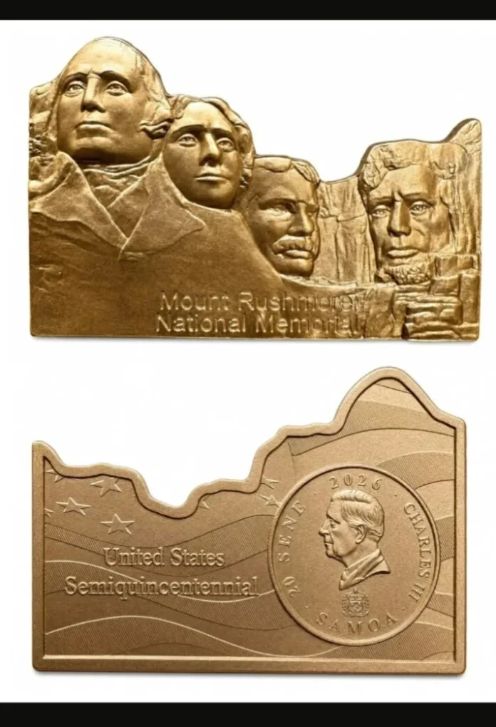 Ex Rare 2026 Samoa 20 Sene Commemorative Proof coin honoring the Mount Rushmore National Memorial and the 250th anniversary of the United States (Semiquincentennial)