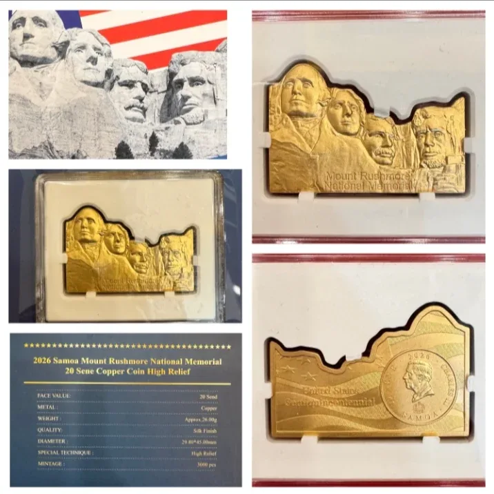 Ex Rare 2026 Samoa 20 Sene Commemorative Proof coin honoring the Mount Rushmore National Memorial and the 250th anniversary of the United States (Semiquincentennial)