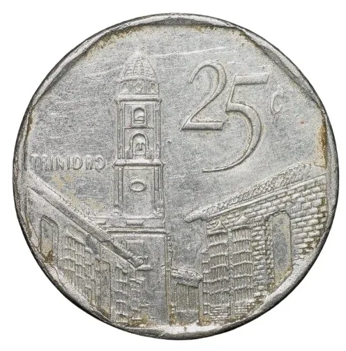 Nickel-Plated Steel 25 Centavos of Cuba (AD 2006) with A street in Trinidad, traditional houses and the Church of San Francisco de Asis
