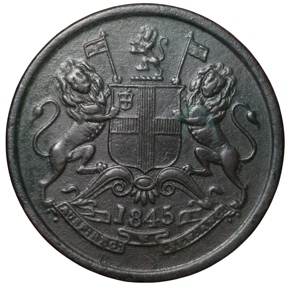 Rare Copper 1/2 Anna of East India Company (AD 1845) of Calcutta Mint Type I with  numeral 4 with serif Beautiful Grade