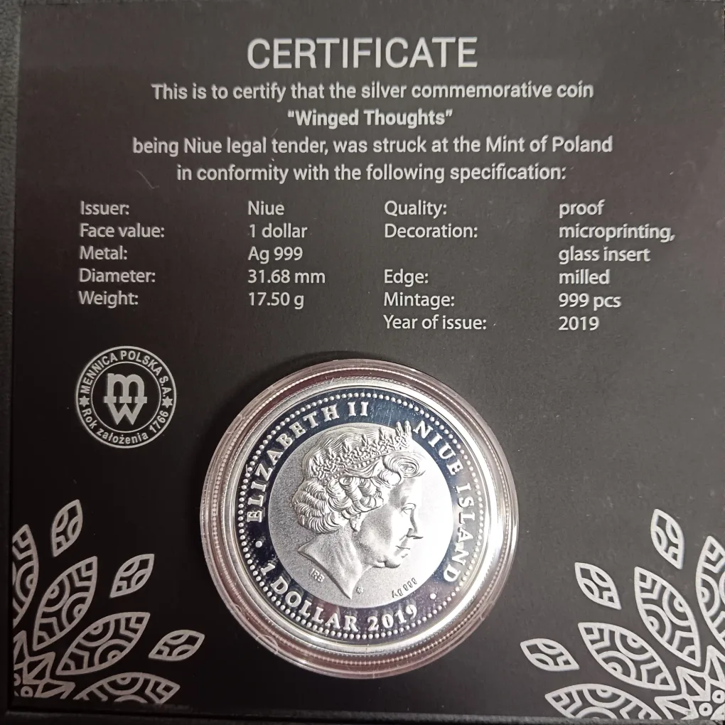 Ex Rare Elizabeth II Niue Island One Dollar Silver 17.50 GM Proof Coin Year 2019 Mint Of Poland