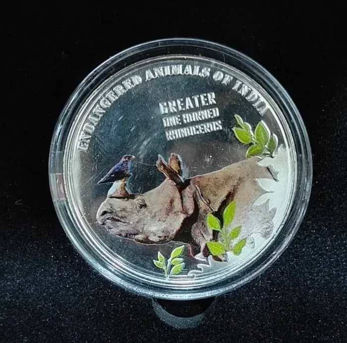 Rhino Endangered Animals of India Colour Souvenir Medal Govt Mint Kolkata