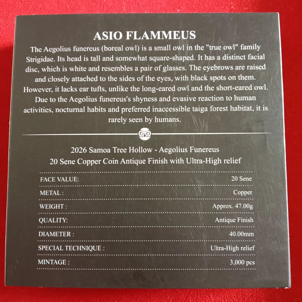 Ex Rare 25 Cents SAMOA The Tree Hollow Aegolius Funereus Proof Coin Year 2026 Issue By Scotland Mint