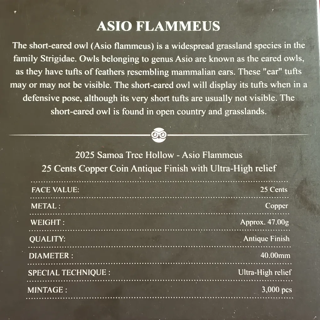 Ex Rare 25 Cents SAMOA The Tree Hollow Asio Flammeus Copper Proof Coin  Antique Finish Year 2025 Issue By Scotland Mint