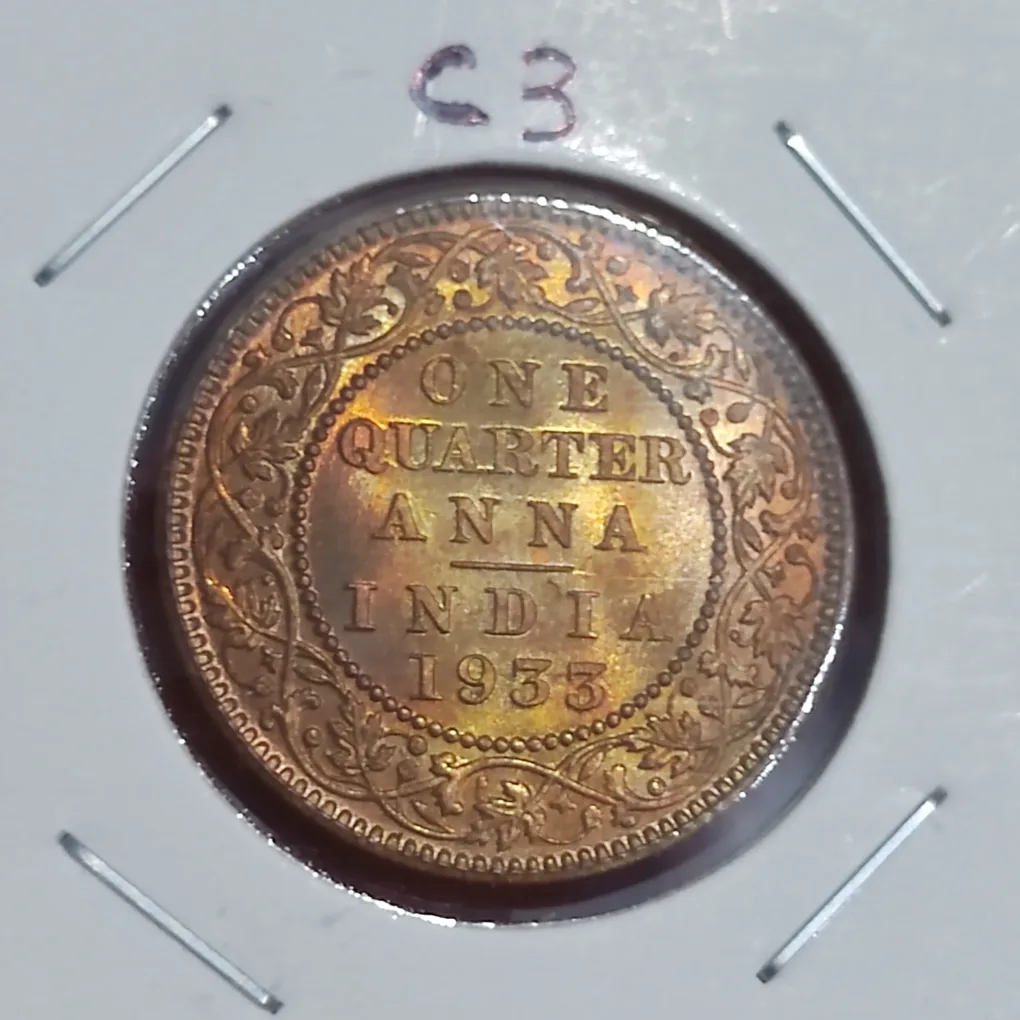 GEM UNC ONE QUARTER ANNA GEORGE V 1933 CALCUTTA MINT LIKE GOLD BEAUTY