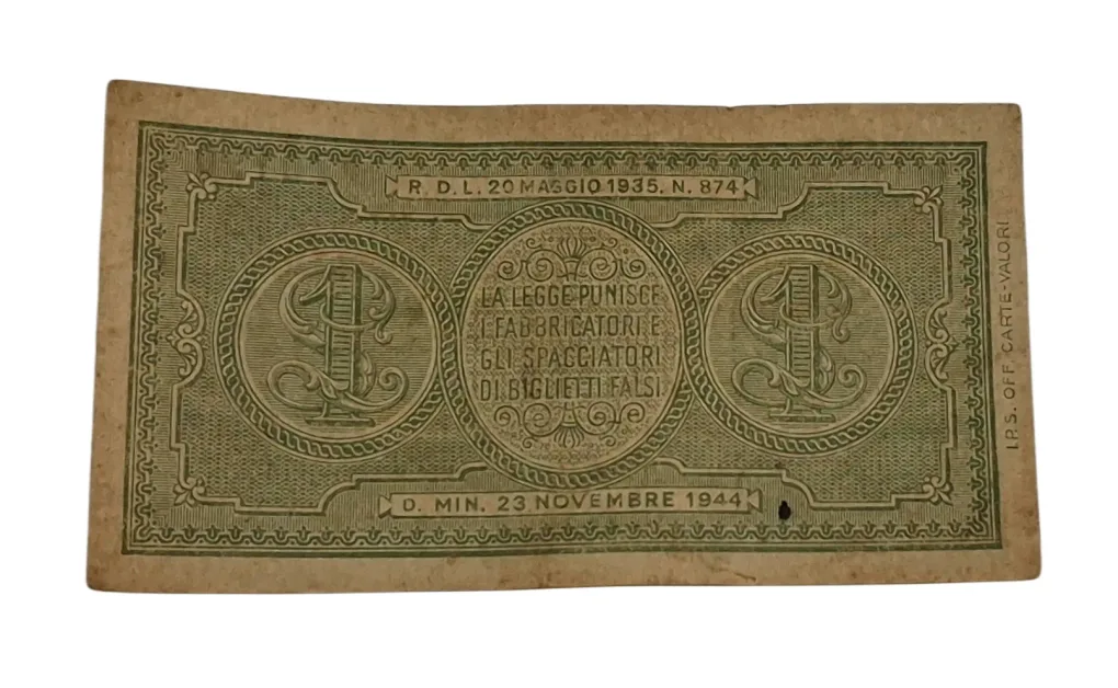 ITALY 1 LIRA Year 1944 World War II Bank Note [3"inches × 1.6"inches] Small Size **RARE** High Collectable Grade.