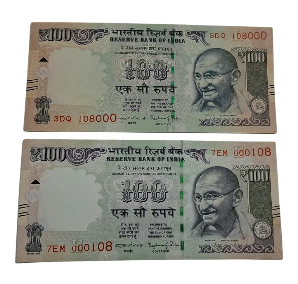 100 Rupees Sign RAGHURAM RAJAN Year 2016 TELESCOPIC Serial with "108000" & "000108" HOLY FANCY Serial Numbers PAIR 2 Notes **RARE** High Collectable UNC Conditions.