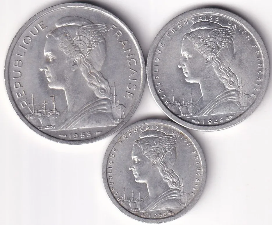 High Grade 1 2 5 Francs of Madagascar Aluminium Coins Set Rare