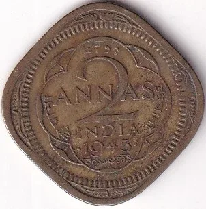 Bombay Mint 1945 Two Annas British India Nickel Brass Coin Rare