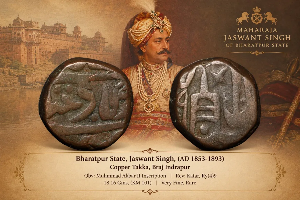 Copper Takka of Jaswant Singh (AD 1853-1893) of Bharatpur State Braj Indrapur Mint KM101 Rare