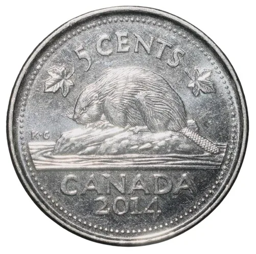 Nickel Plated Steel 5 Cents of Elizabeth II (AD2014) from Canada with a Beaver standing on a mound in a lake About UNC