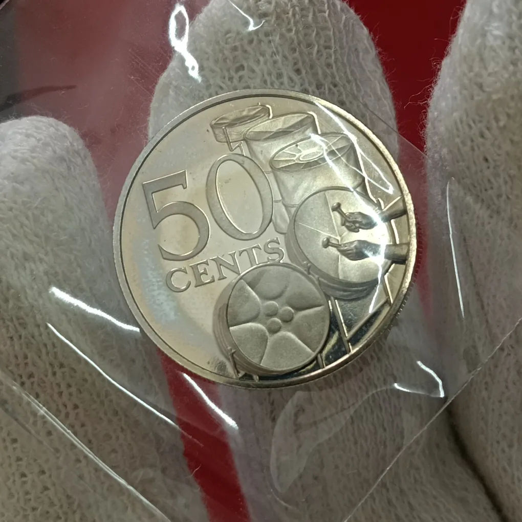 Rare  50 Cents Proof coin from Trinidad and Tobago featuring steelpan (steel drum) instruments Issued By TOBAGO F8