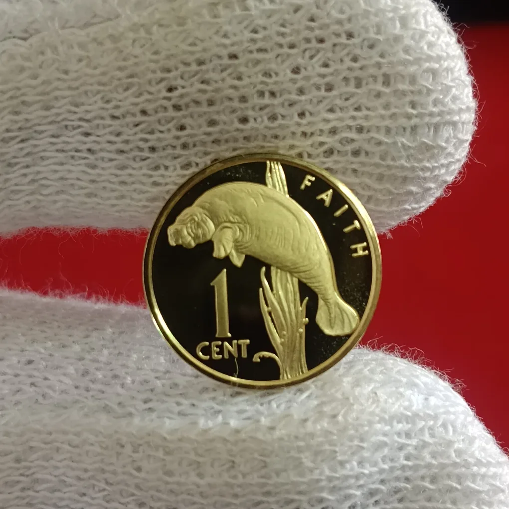 Rare One Cent 1976 Year Proof Coin issued by the Bank of Guyana the national coat of arms and the motto "OUR PEOPLE-OUR MOST PRECIOUS ASSET F17