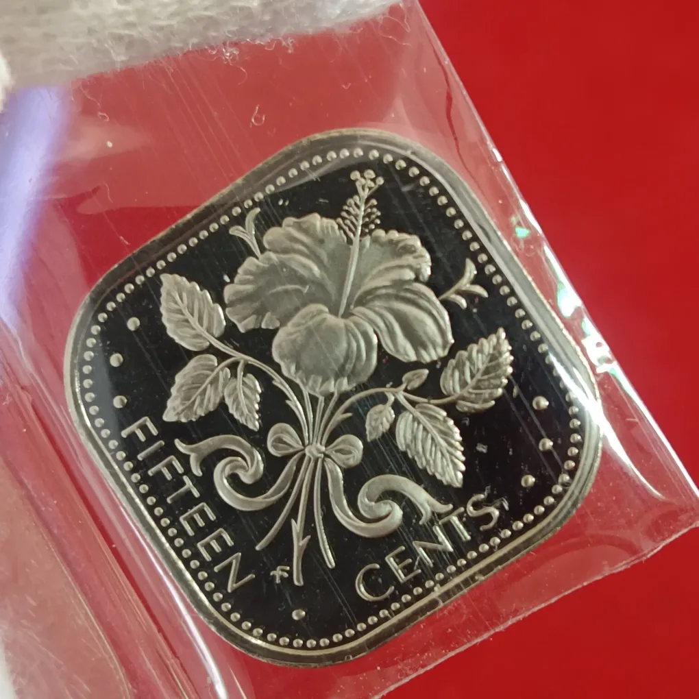 Rare Elizabeth II Fifteen Cents 1974 Year Commonwealth of The Bahama Islands Proof Coin Issued by Bahamas F22