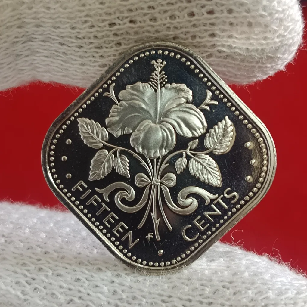 Rare Elizabeth II Fifteen Cents 1974 Year Commonwealth of The Bahama Islands Proof Coin Issued by Bahamas F22