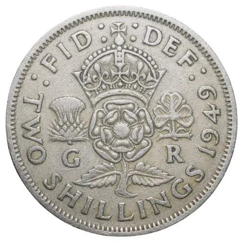 Copper-Nickel 2 Shillings of George VI (AD 1949) from Great Brittain Crown above Rose Plant