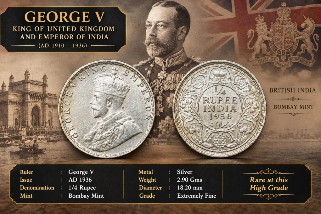 Silver 1/4 Rupee of George V (AD 1936) of Bombay Mint Beautiful Grade