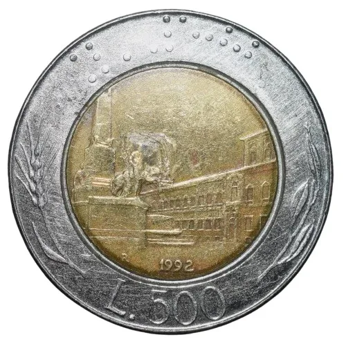 Bi-Metal 500 Lira of Italy (AD 1992) with A View of the Piazza del Quirinale, Rome