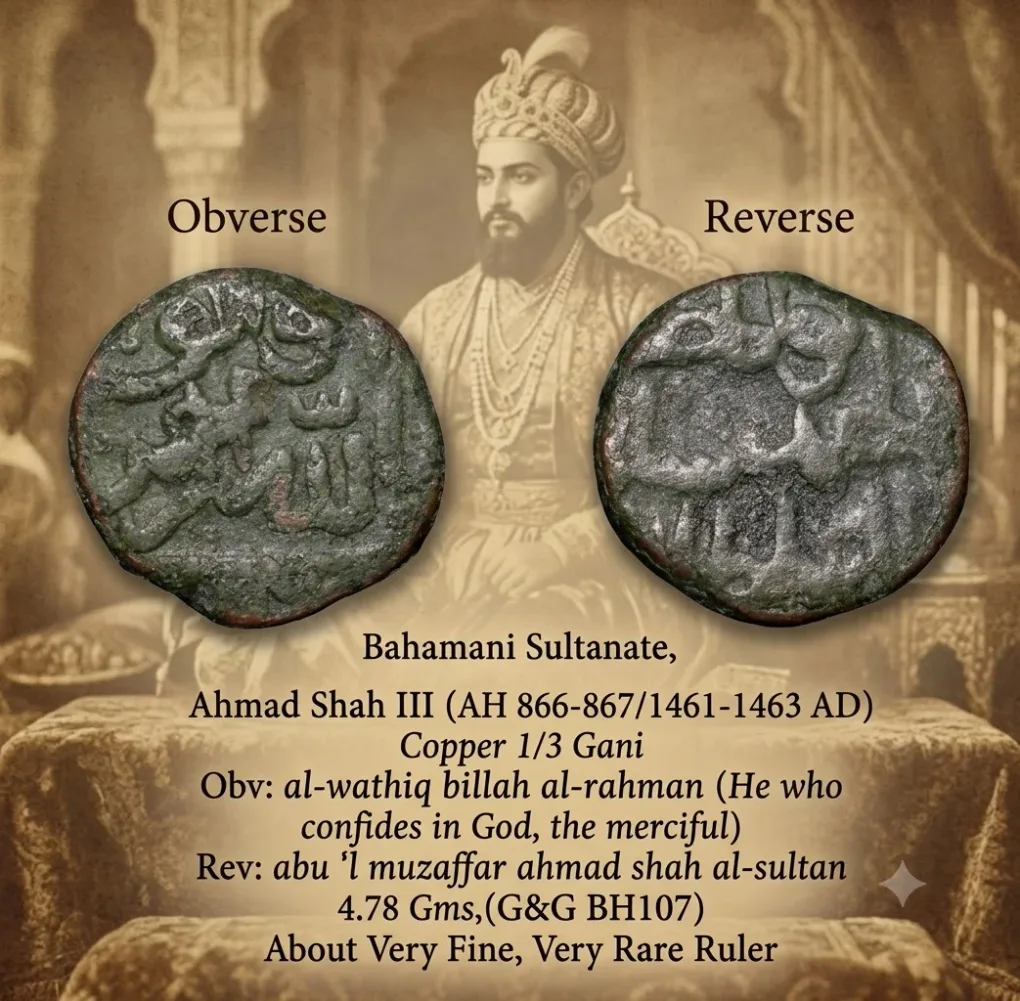 Copper 1/3 Gani of Ahmad Shah III(AD1461-1463) of Bahamani Sultanate BH107 Rare