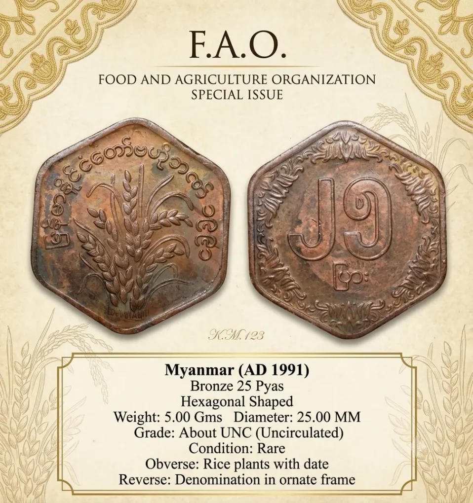 Bronze 25 Pyas of Myanmar (AD 1991) Commemorative issue - F.A.O. Rare