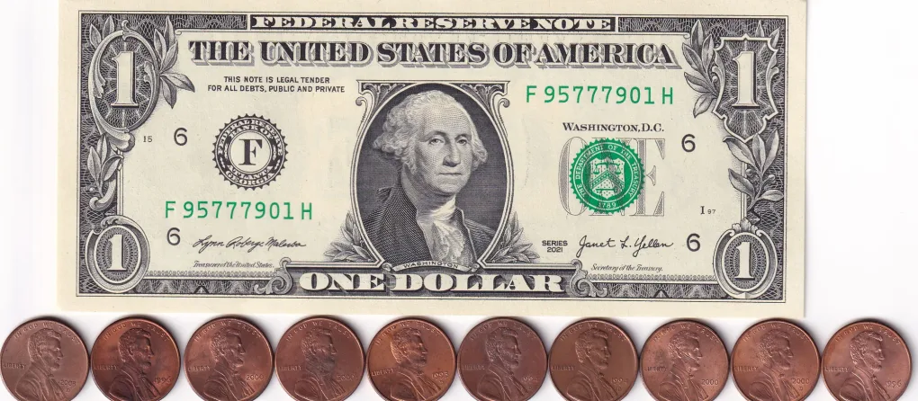 America One Dollar Rare UNC Note With 10 Coins (One Cent Lincon)