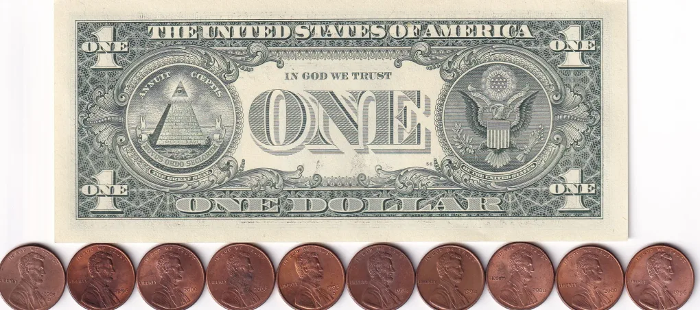 America One Dollar Rare UNC Note With 10 Coins (One Cent Lincon)