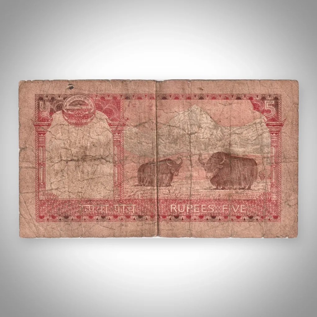 Rare 5 Rupees Nepal Rastra Bank Mount Everest Temple and Yaks Design Federal Democratic Republic Nepal World Note # A948