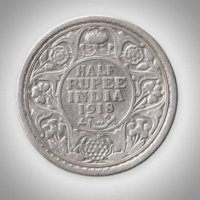 Rare Half Rupee 1918 King George V Calcutta Mint British India Silver Coin # A963