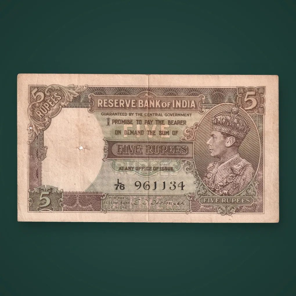 Rare 5 Rupees King George VI C.D. Deshmukh Signature Reserve Bank of India British India Note # A985