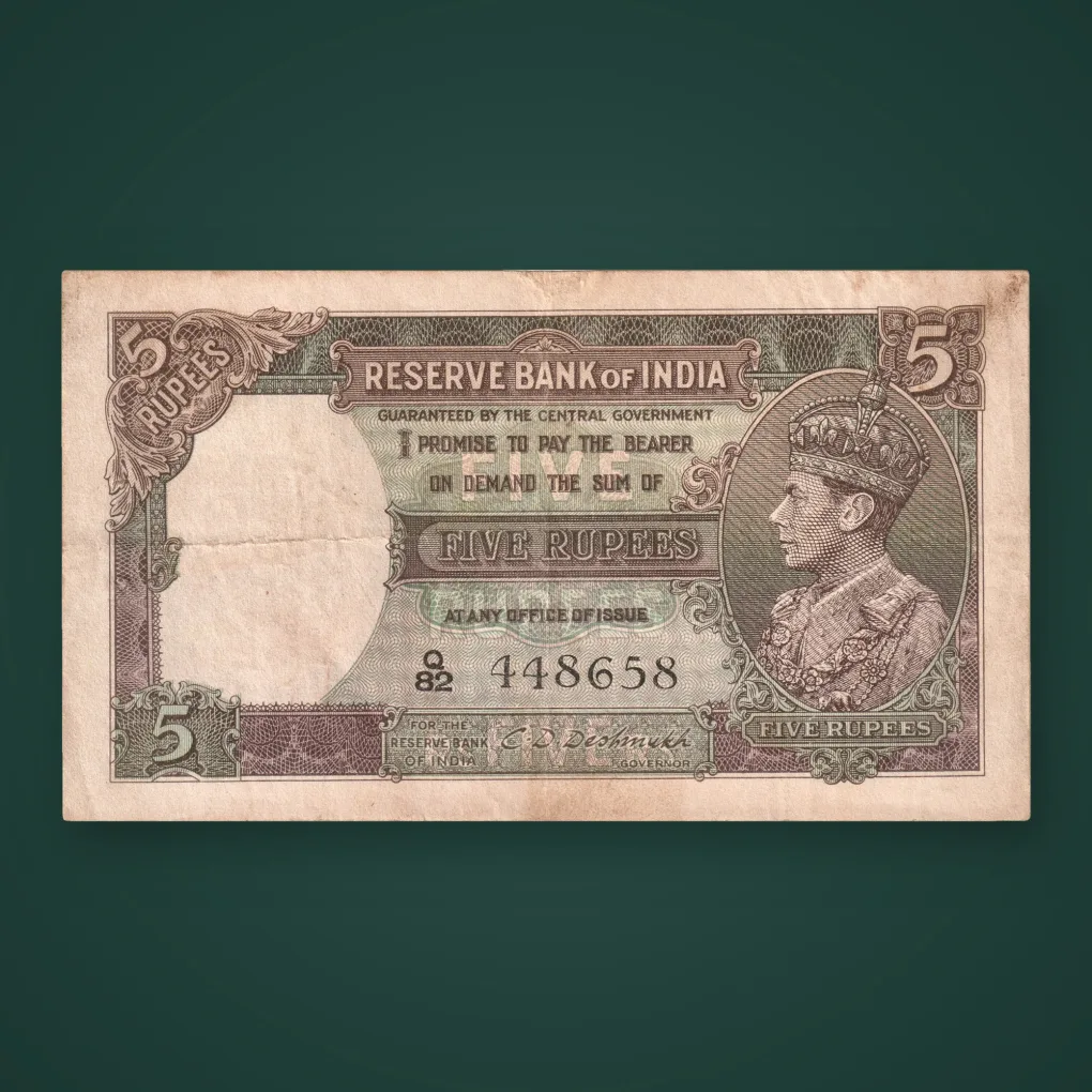 Rare 5 Rupees King George VI C.D. Deshmukh Signature Reserve Bank of India British India Note # A986
