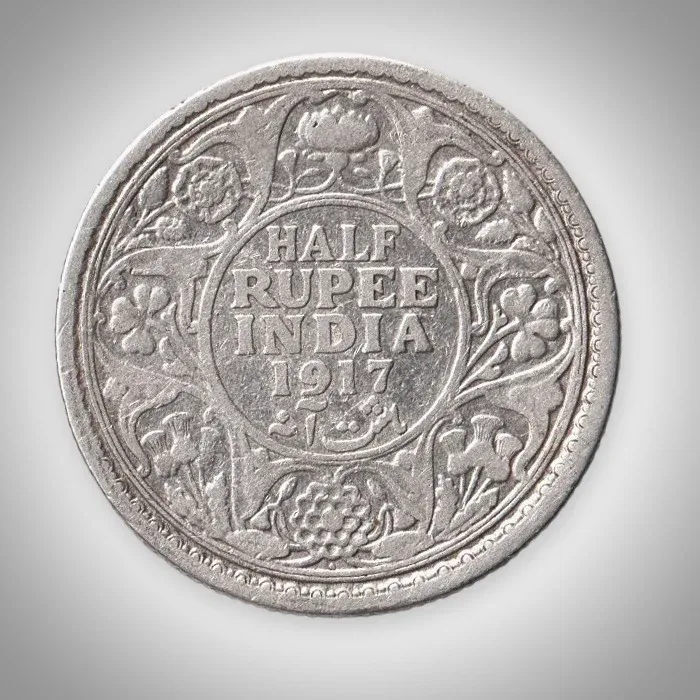 Rare Half Rupee 1917 King George V Bombay Mint British India Silver Coin # A962