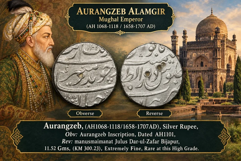 Silver Rupee of Aurangzeb(AD1658-1707) of Dar-ul-Zafar Bijapur Mint KM 300.23 Beautiful Grade Rare