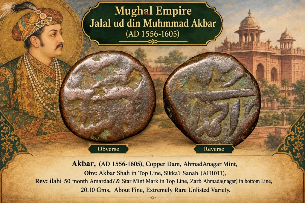 Copper Dam of Akbar (AD 1556-605) of AhmadAnagar Mint ilahi 50 Dated AH1011 Unpublished Ext.Rare