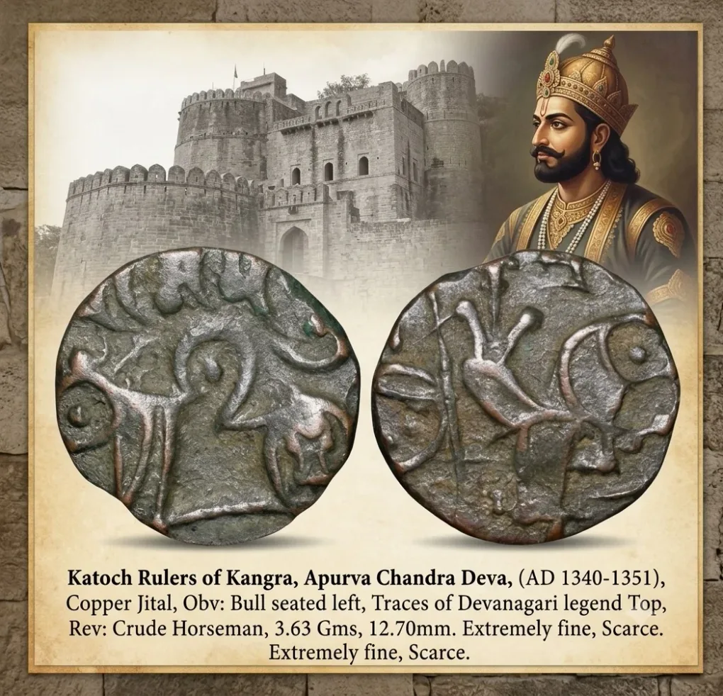 Copper Coin of Apurva Chandra Deva (AD1340-1351) of Katoch Rulers of Kangra Bull/Horseman
