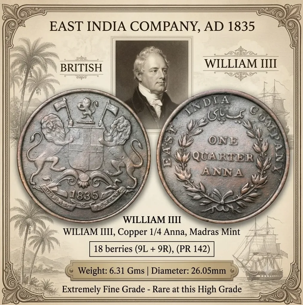 Rare Copper 1/4 Anna of William III - East India Company (AD 1835) of Madras Mint with 9 Left + 9 Right Berries PR 142