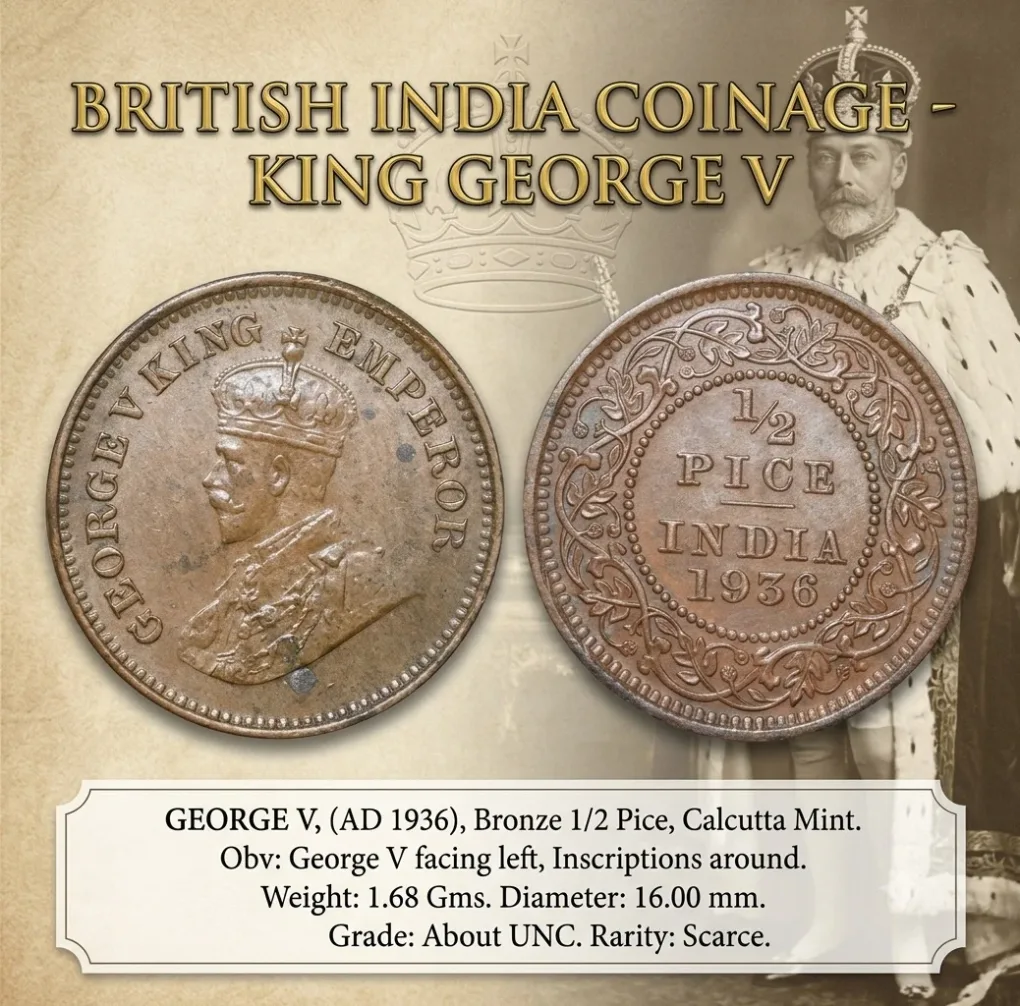 Bronze 1/2 Pice of George V (AD 1936) of Calcutta Mint About UNC Grade