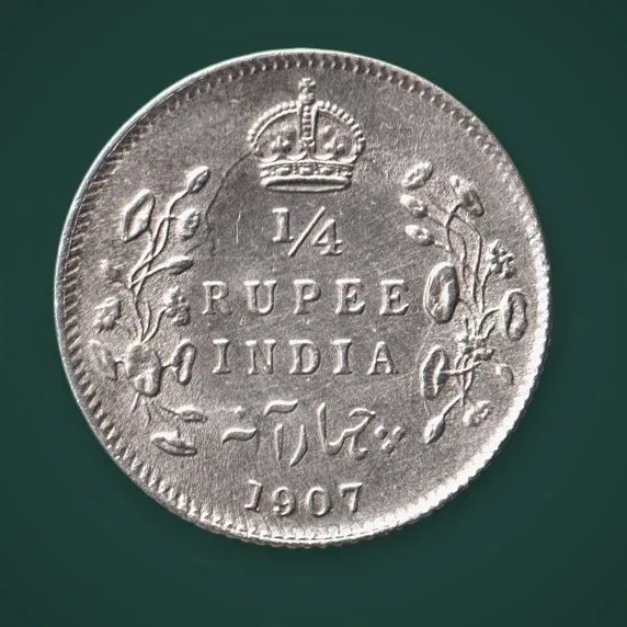 Rare 1/4 Rupee 1907 King Edward VII Silver Calcutta Mint British India Coin # A993