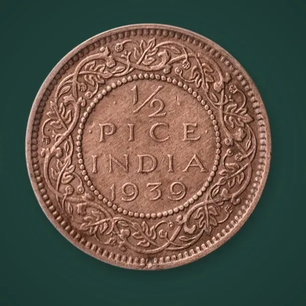 Rare 1/2 Pice 1939 King George VI Calcutta Mint British India Coin # A1018