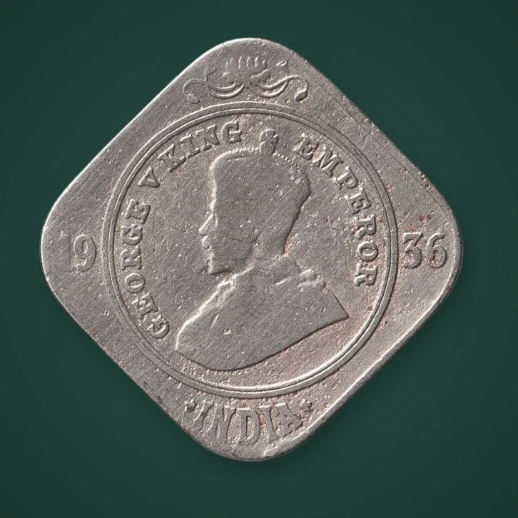 Rare 2 Annas 1936 King George V Square Copper Nickel Bombay Mint British India Coin # A1058