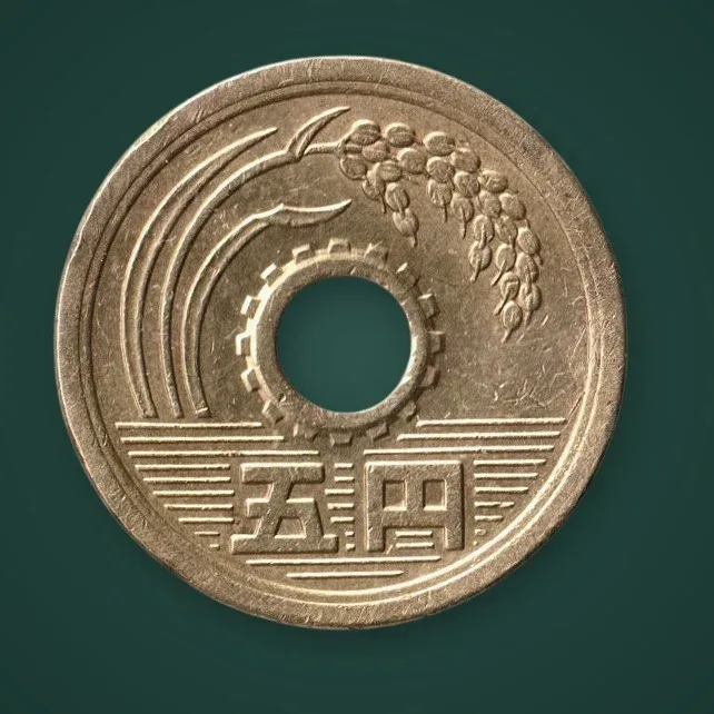 Rare Japan 5 Yen 1974 Showa Year 49 Emperor Hirohito Rice Ear Gear Holed Brass Japan World Coin # A1059