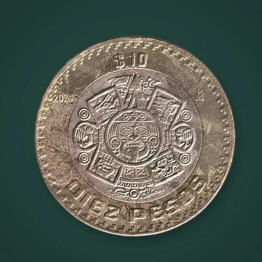 Rare Mexico 10 Pesos Aztec Sun Stone Estados Unidos Mexicanos Mexico City Mint Bimetallic World Coin # A1071